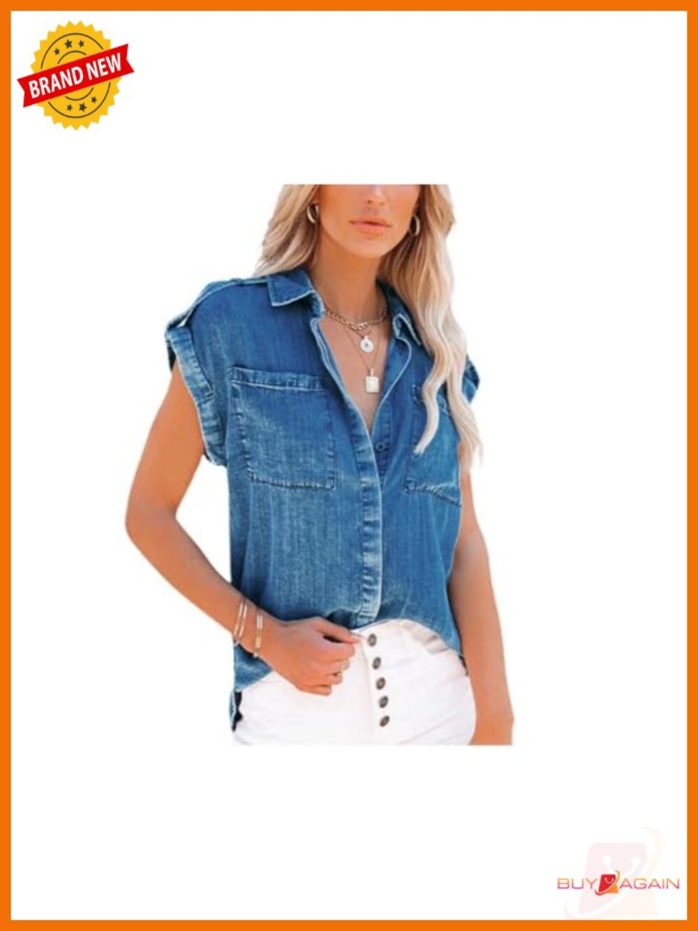 Women's Sleeveless Denim Jean Button Down Shirt Tops